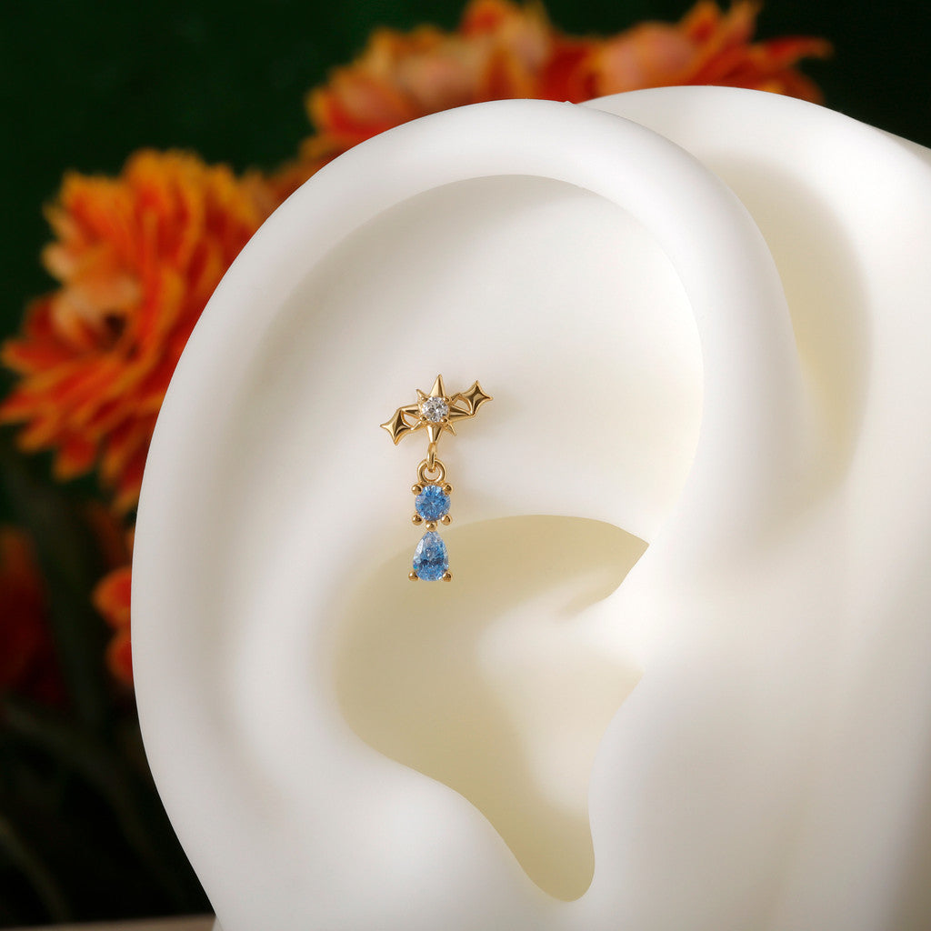 Aqua Starfall - 925 Silver Threadless Stud / Fits Cartilage Helix Tragus Lobe Earring