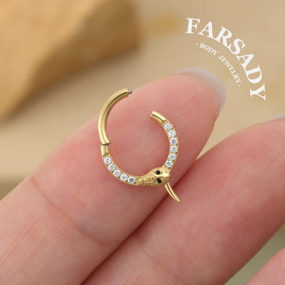 Gilded Serpent - ASTM F136 Titanium Hinged Clicker Hoop / Fits 16G Septum Ring Helix Conch Cartilage Earring