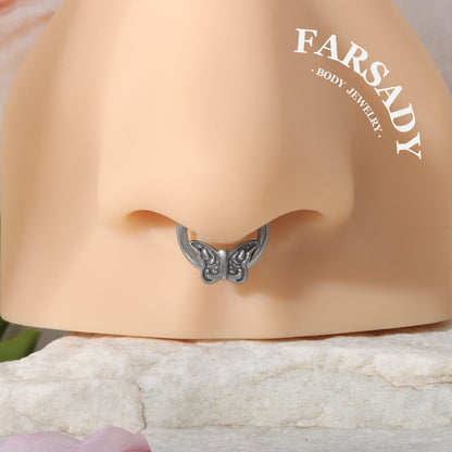 Etch Butterfly - ASTM F136 Titanium Hinged Clicker Hoop / Fits 16G Septum Ring Helix Conch Cartilage Earring