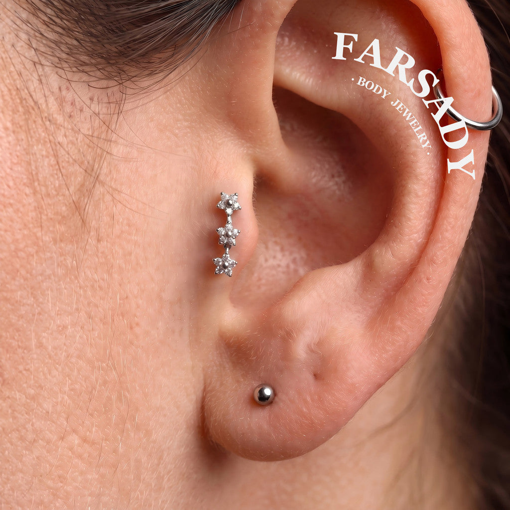 Triple Bloom - F136 Titanium Internally Threaded Stud / Fits Cartilage Helix Tragus Lobe Nostril Piercing