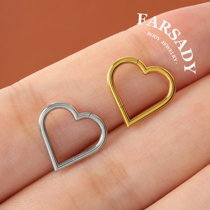 16G Titanium Heart Daith Earring, Hinged Clicker Hoop Gold Plated, Daith Piercing Jewelry, Helix Tragus Ring 1.2x8mm 10mm