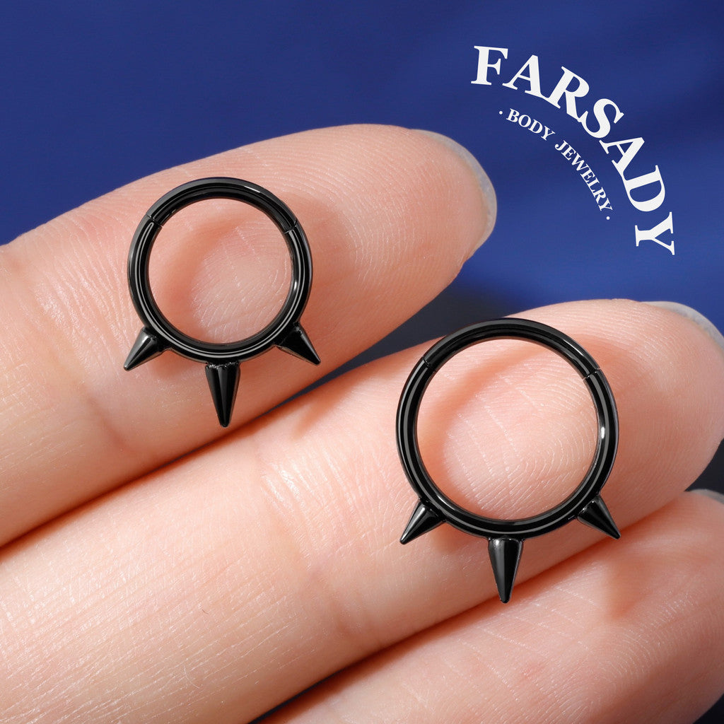 16G Titanium Triple Spike Hinged Septum Ring, Punk Style Segment Hoop, Spiked Daith & Nose Clicker Piercing Jewelry in Silver & Gold, Daily Wear with Gift Box