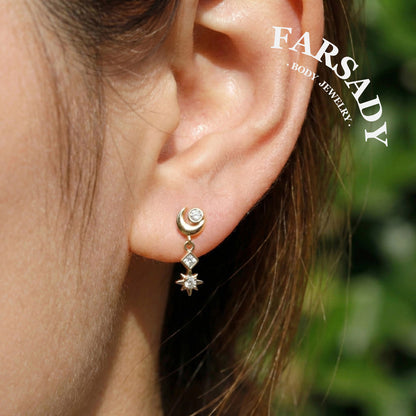 Luna Flare Dangle Threadless Push In Helix Stud, Sterling Silver Cartilage Stud, Flat Back Titanium Post, Design Satr Tragus/ Lobe Earring