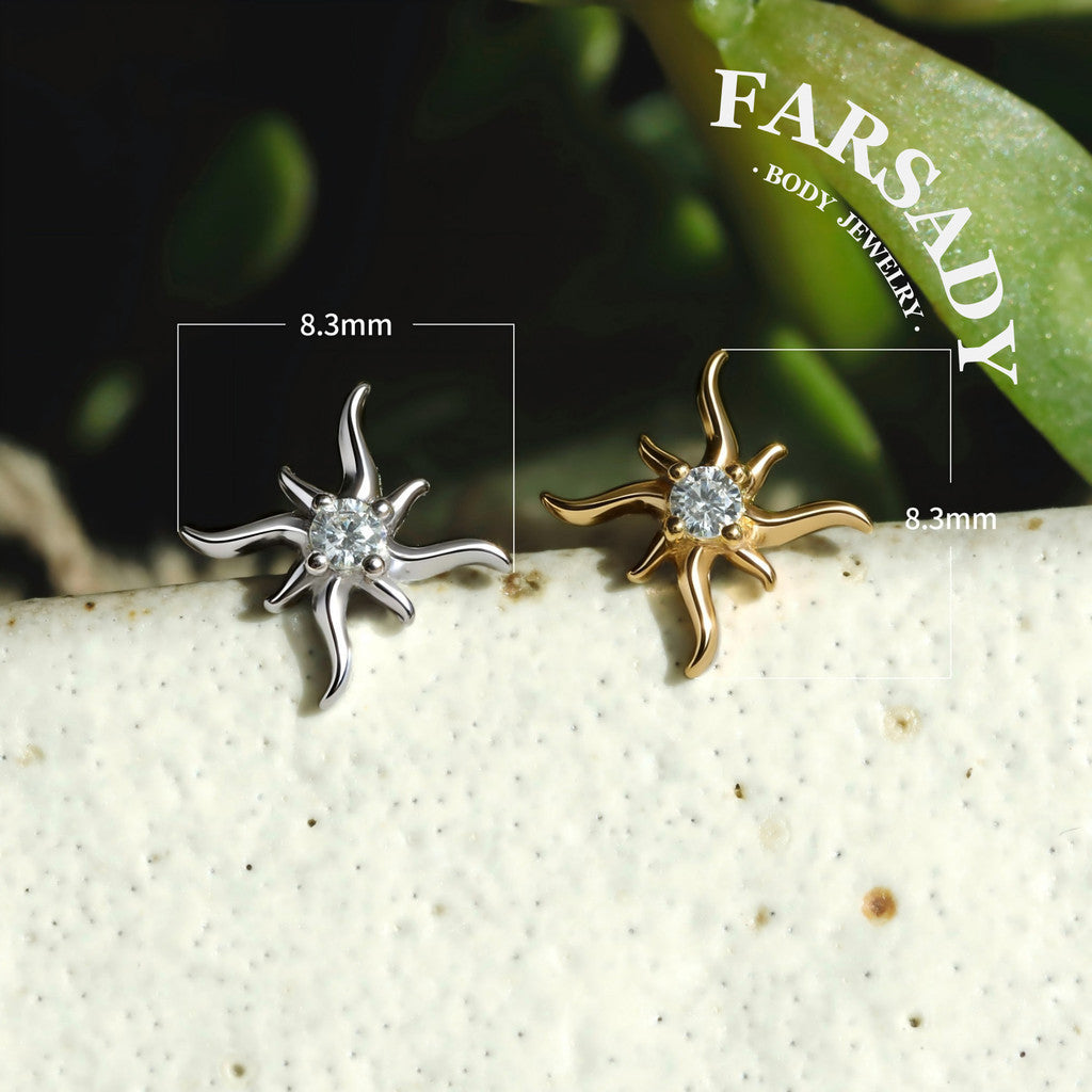 Sterling Silver Mini Sun Threadless Push In Tragus Stud,  S925 Cartilage Stud, Flat Back Titanium Post, Design Flower Helix/ Lobe/ Lip Earring