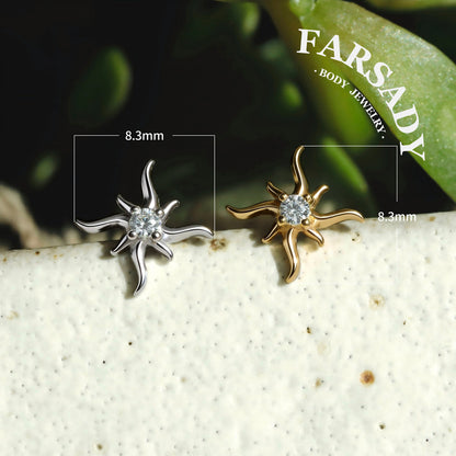 Sterling Silver Mini Sun Threadless Push In Tragus Stud,  S925 Cartilage Stud, Flat Back Titanium Post, Design Flower Helix/ Lobe/ Lip Earring