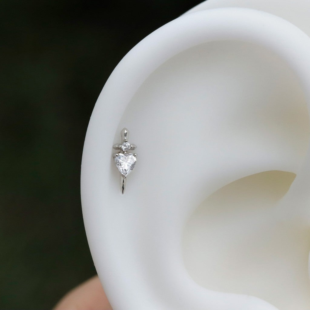 Valor Heart - Sterling Silver Push In Stud / Fits Cartilage Helix Tragus Lobe Earring  Nose Stud / Threadless Flat Back Piercing, Daily Wear Elegant Jewelry, Perfect for Gift