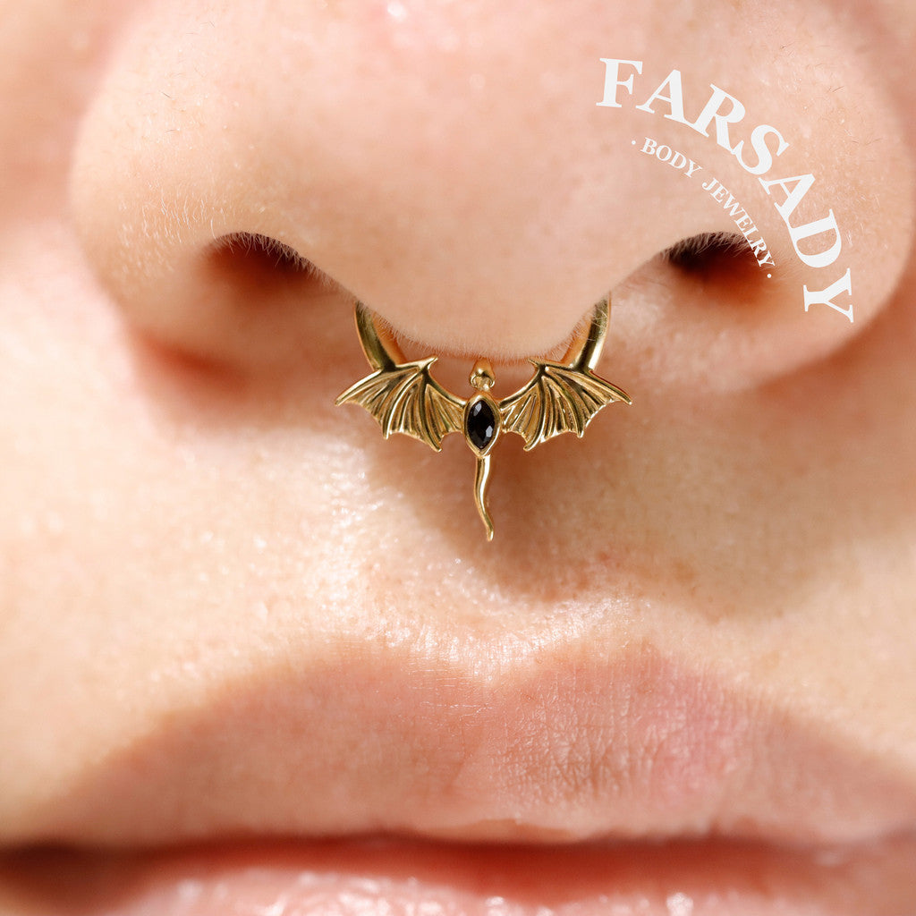 16G Flying Dragon Daith Hoop Earring S925 Sterling Silver Obsidian Inlaid Septum Clicker Original Design Gothic Halloween Helix Piercing Daily Wear Gift for Her