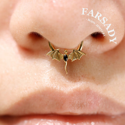 16G Flying Dragon Daith Hoop Earring S925 Sterling Silver Obsidian Inlaid Septum Clicker Original Design Gothic Halloween Helix Piercing Daily Wear Gift for Her