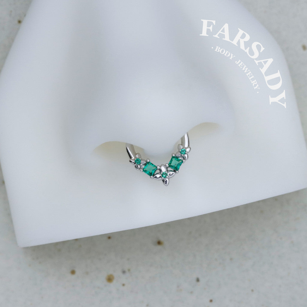 Sterling Silver Flower Green Zircon Daith Hoop Earrings Handmade Daith Piercing Jewelry Hinged Septum Ring Unique Helix Tragus Lobe Cartilage Earrings Daily Wear Gift for Her