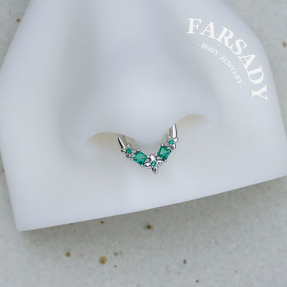 Sterling Silver Flower Green Zircon Daith Hoop Earrings Handmade Daith Piercing Jewelry Hinged Septum Ring Unique Helix Tragus Lobe Cartilage Earrings Daily Wear Gift for Her