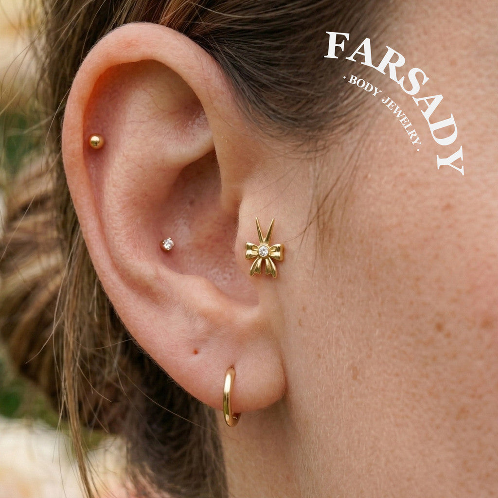 Rebel Ribbon Threadless Push In Tragus Stud, Sterling Silver Cartilage Stud, Flat Back Titanium Post, Design Flower Helix/ Lobe/ Lip Earring