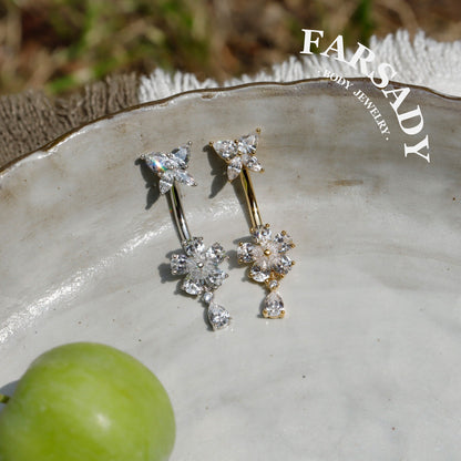 14G Belly Button Ring – 925 Silver 18K Gold Plated| Clear CZ Flower Butterfly Dangle Bar| Hypoallergenic Navel Piercing Jewelry| Waterproof