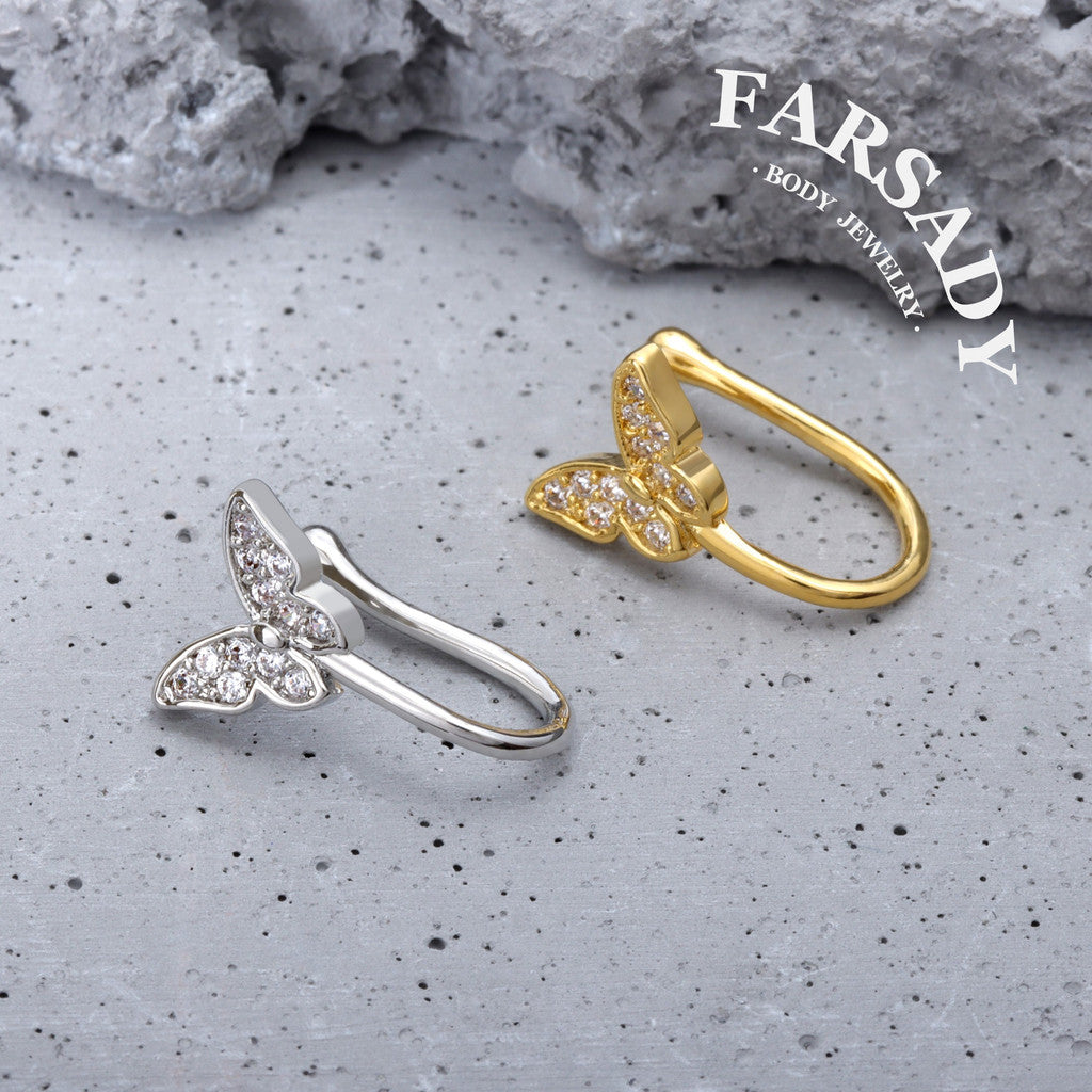 Crystal Winglet Hook - 925 Silver Fake Nose Ring / Fit Non-Pierced Nose Ring