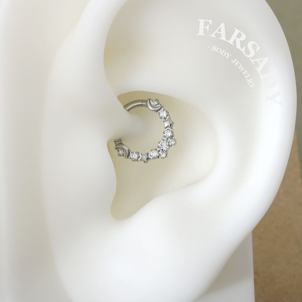 Lunar Constellation - F136 Titanium Hinged Clicker Hoop / Fits 16G Septum Ring Helix Conch Cartilage Earring