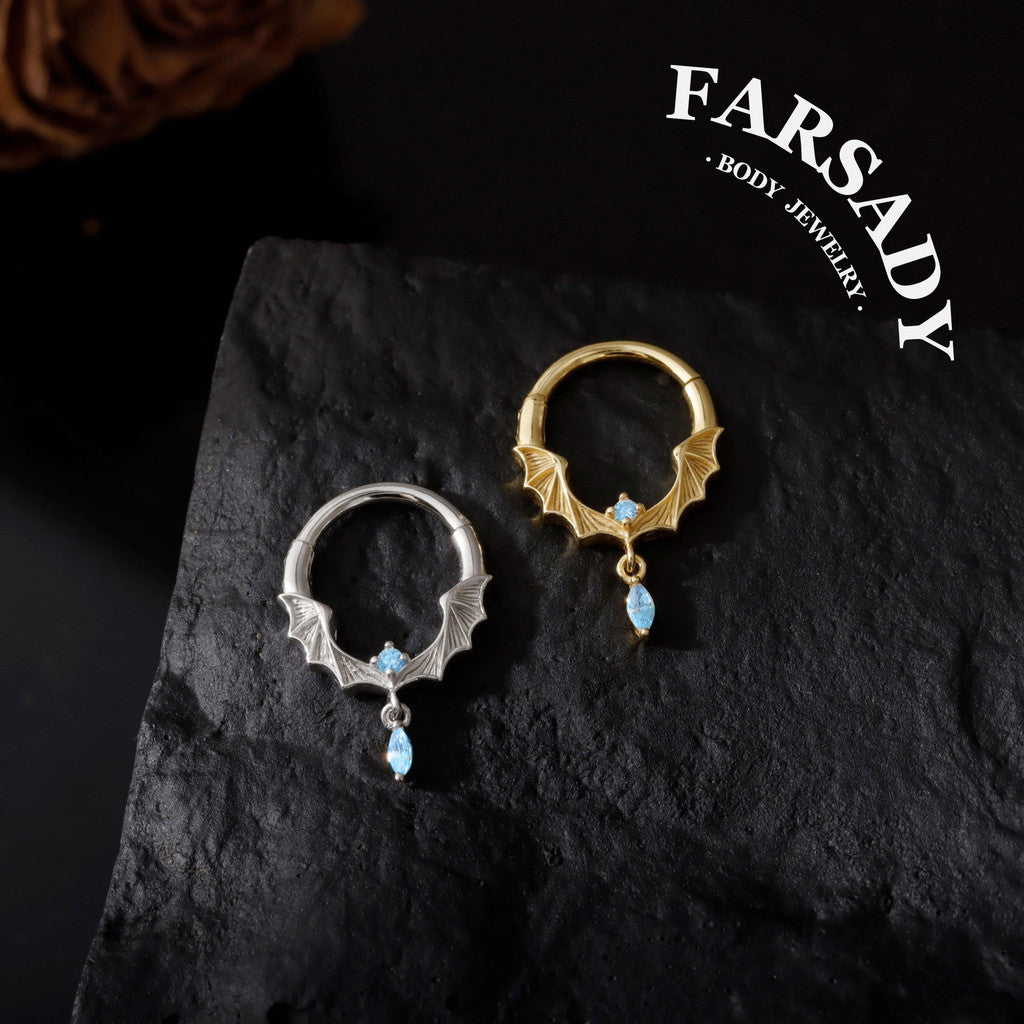 Frost Batwing - 925 Silver Hinged Clicker Hoop / Fits 16G Septum Ring Helix Conch Daith Earring