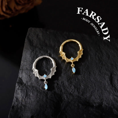 Frost Batwing - 925 Silver Hinged Clicker Hoop / Fits 16G Septum Ring Helix Conch Daith Earring