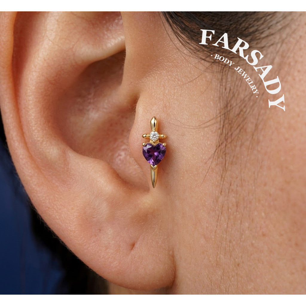 Amethyst Blade - Sterling Silver Push In Stud / Fits Cartilage Helix Tragus Lobe Earring  Nose Stud
