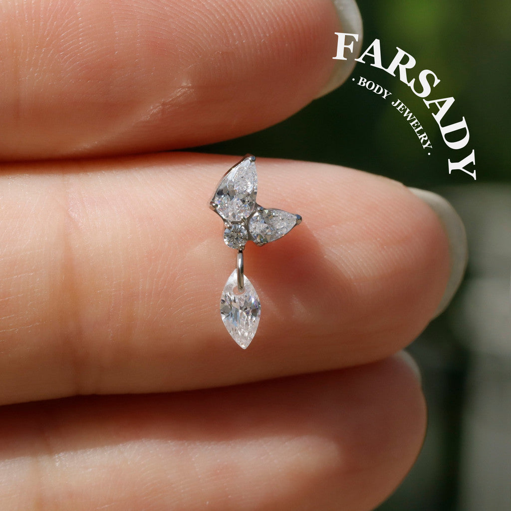 Dangle Crystal Butterfly - F136 Titanium Internally Threaded Stud / Fits Cartilage Helix Tragus Lobe Nostril Piercing