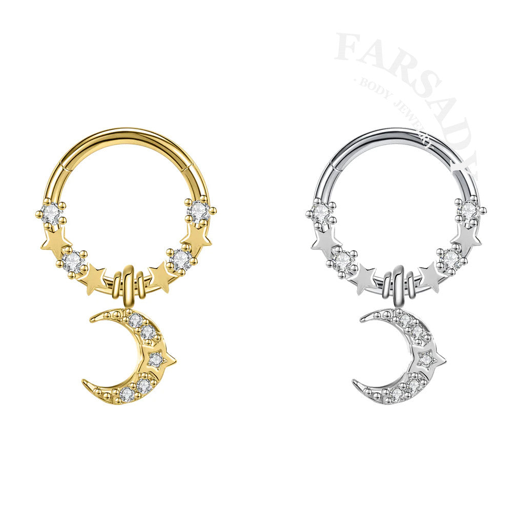 Moon Star - CZ Dangle Hinged Clicker Hoop / Fits 16G Septum Ring Helix Conch Cartilage Earring