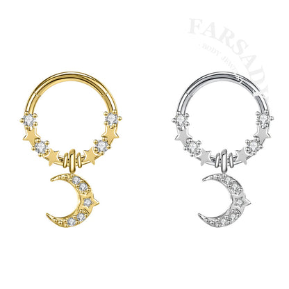 Moon Star - CZ Dangle Hinged Clicker Hoop / Fits 16G Septum Ring Helix Conch Cartilage Earring