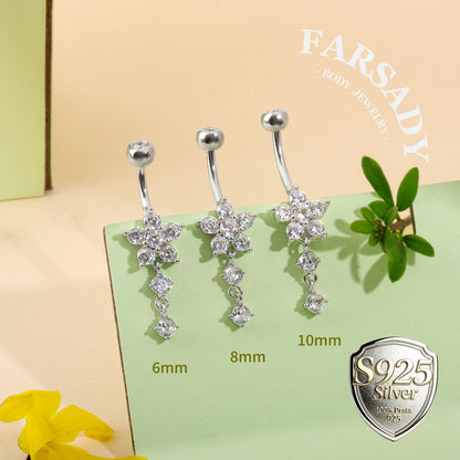 Snowflake Dew Trail - 925 Silver Clear CZ Belly Button Ring / Fits 14G Navel Piercing