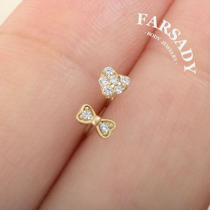 Minimal Heart & Bow CZ - Solid 14K Gold L-Shape Stud / Fit 20G Nostril Piercing