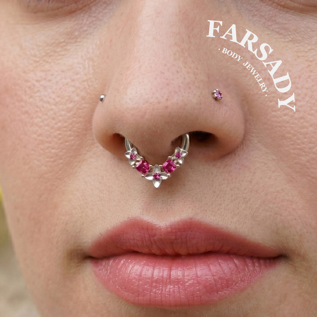 16G Steel Flower Septum Nose Ring, Silver Daith Hoop Earring, Original Design Hinged Septum Clicker, Helix Tragus Lobe Hoop Earrings 8mm