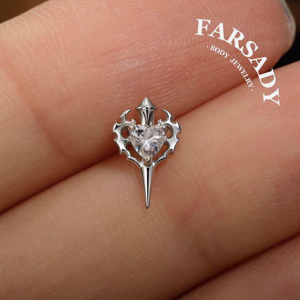 Sterling Silver Flame Heart Sword Threadless Helix Stud• 925 Silver & F136 Titanium Earrings• Romantic Gothic Jewelry• Flat Back Cartilage Tragus Jewelry