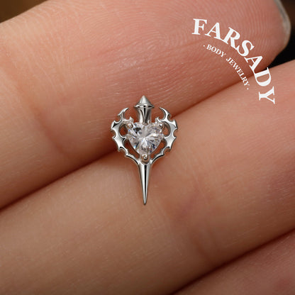 Sterling Silver Flame Heart Sword Threadless Helix Stud• 925 Silver & F136 Titanium Earrings• Romantic Gothic Jewelry• Flat Back Cartilage Tragus Jewelry