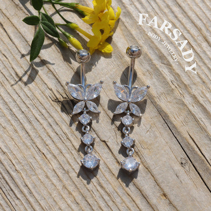 14G Sterling Silver Butterfly Dangle Belly Button Ring - Clear CZ 8mm to 12mm  Navel Body Piercing Jewelry - Non Healed Piercing Friendly Body Jewelry