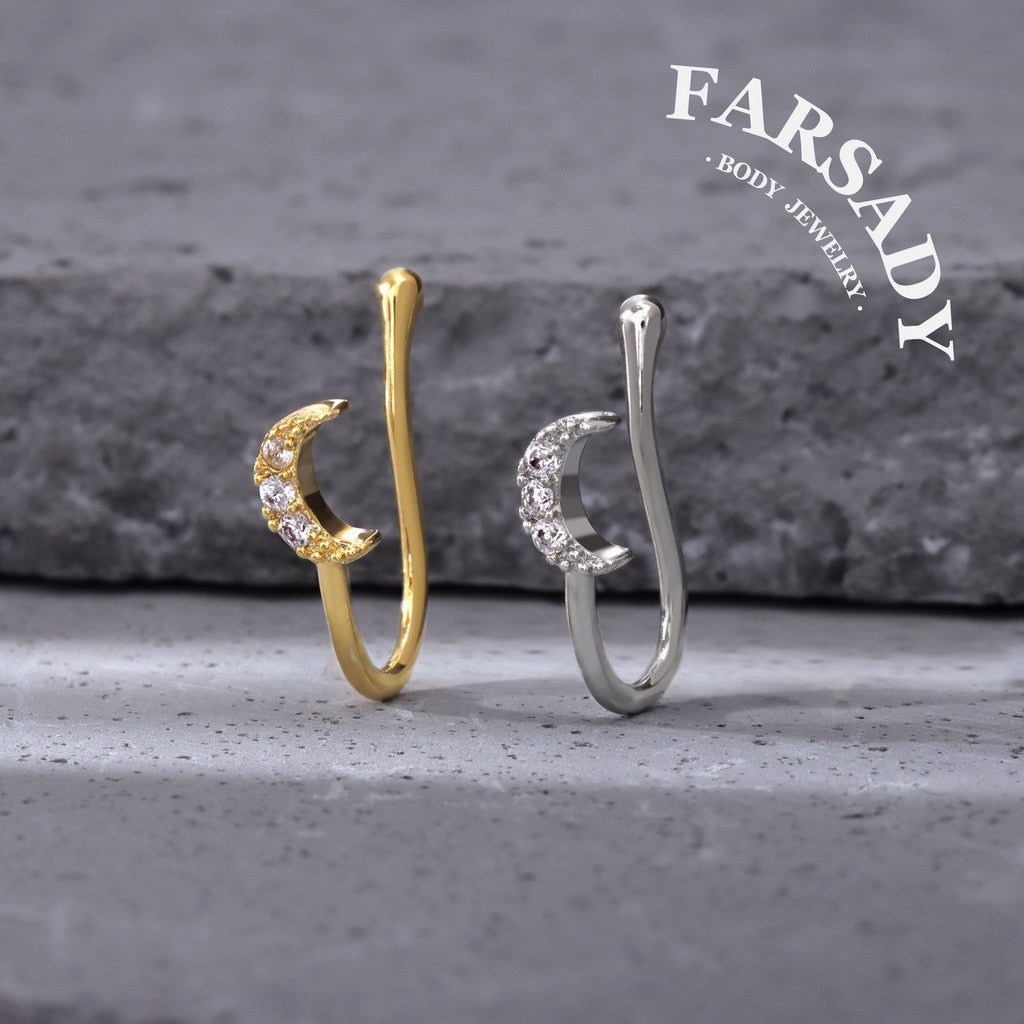 Paved CZ Crescent Moon - 925 Silver Fake Nose Ring / Fit Non-Pierced Nose Ring
