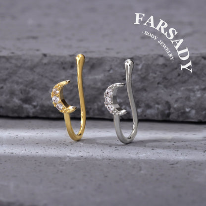Paved CZ Crescent Moon - 925 Silver Fake Nose Ring / Fit Non-Pierced Nose Ring