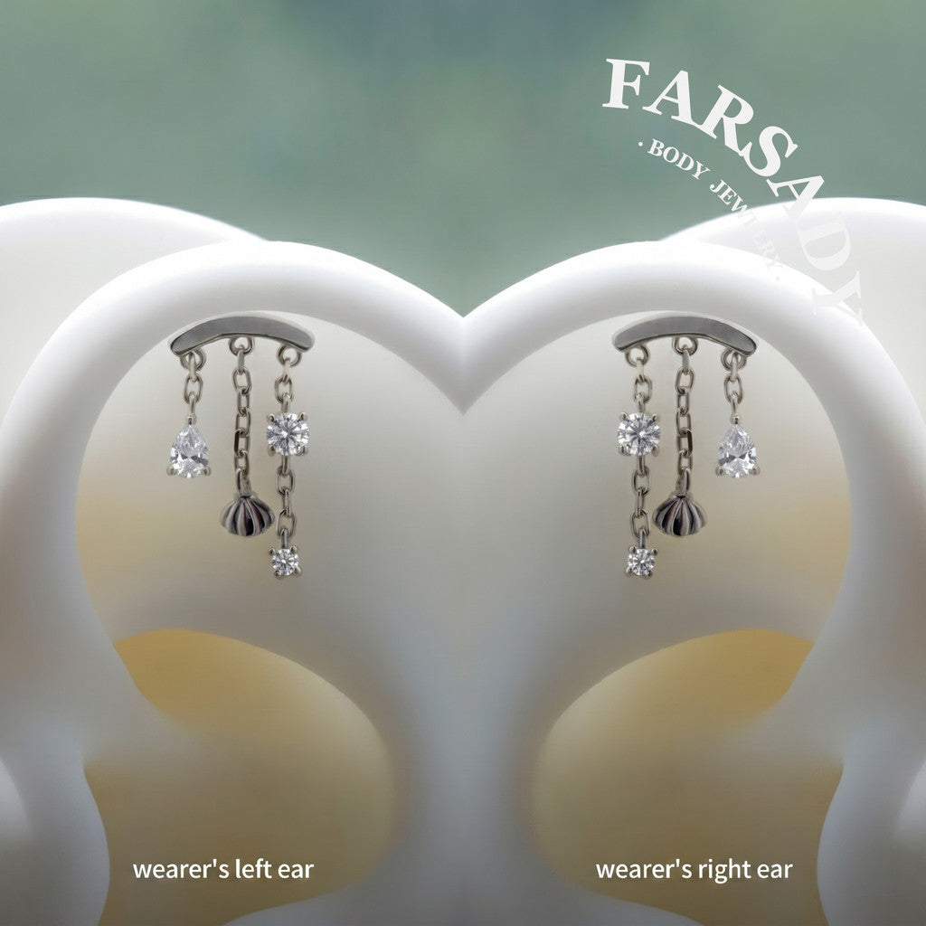 Shell Veil - 925 Silver Threadless Directional Stud / Fits Cartilage Helix Tragus Lobe Earring