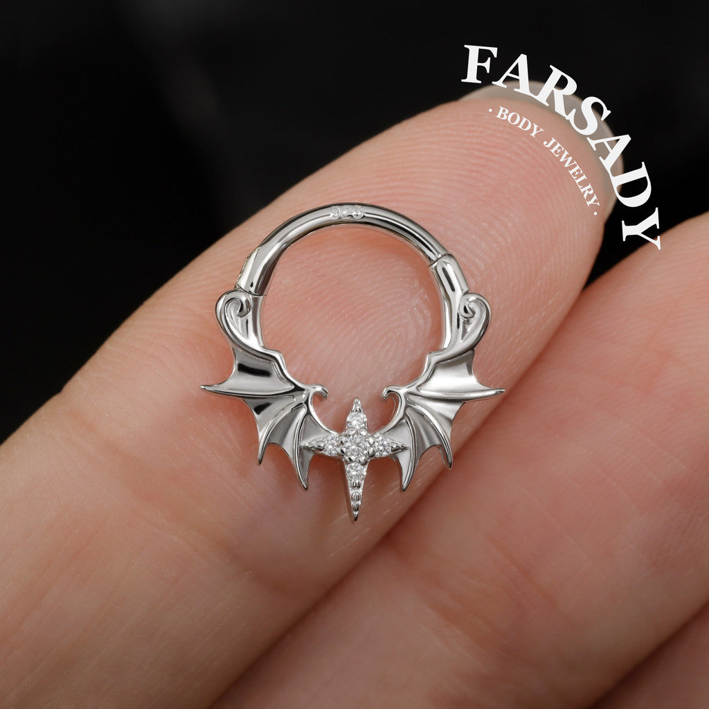 Dusk Wing - 925 Silver CZ Hinged Clicker Hoop / Fits 16G Septum Ring Helix Conch Daith Earring