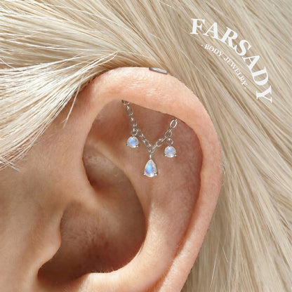 Teardrop Moonstone - 925 Silver Threadless Stud / Fits Vertical Helix Hidden Rook Earring
