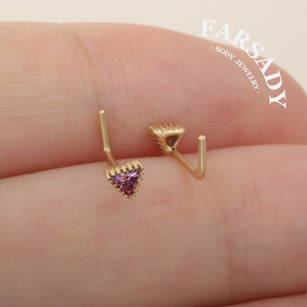 Minimal Triangle Amethyst CZ - Solid 14K Gold L-Shape Stud / Fit 20G Nostril Piercing