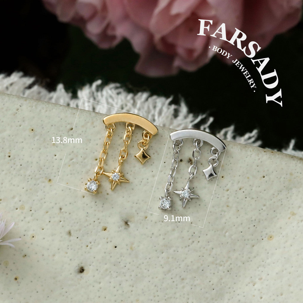 Designed for vertical helix piercings/ 925 Silver Helix Chain Earring 18K Plated/ Star Dangle Earring/ Threadless Push In Hidden Rook Stud