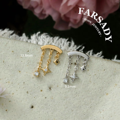 Designed for vertical helix piercings/ 925 Silver Helix Chain Earring 18K Plated/ Star Dangle Earring/ Threadless Push In Hidden Rook Stud