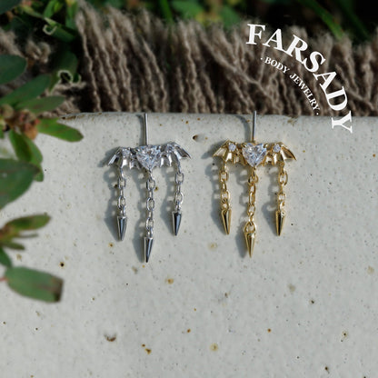 Bat Wing Heart - 925 Silver Threadless Stud / Fits Vertical Helix Hidden Rook Earring