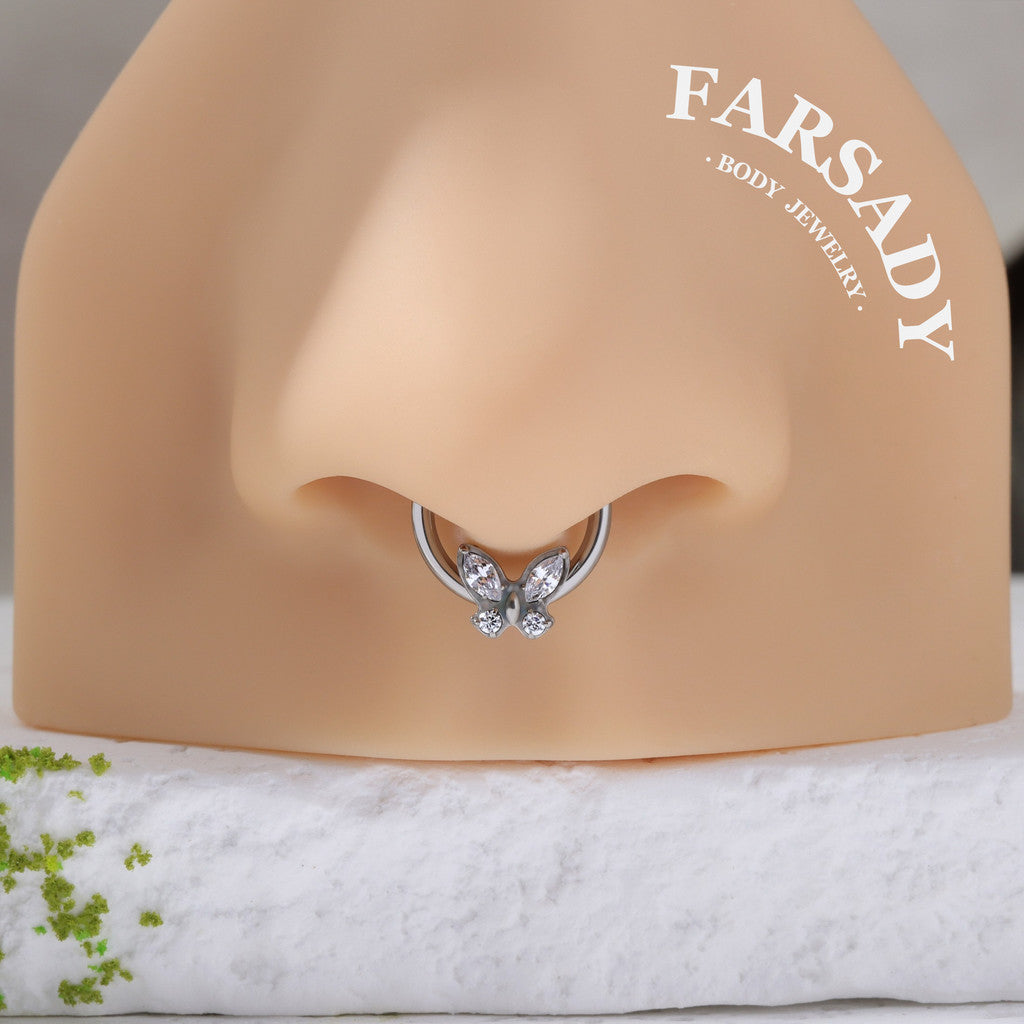 Crystal Flutter - F136 Titanium Hinged Clicker Hoop / Fits 16G Septum Ring Helix Conch Cartilage Earring