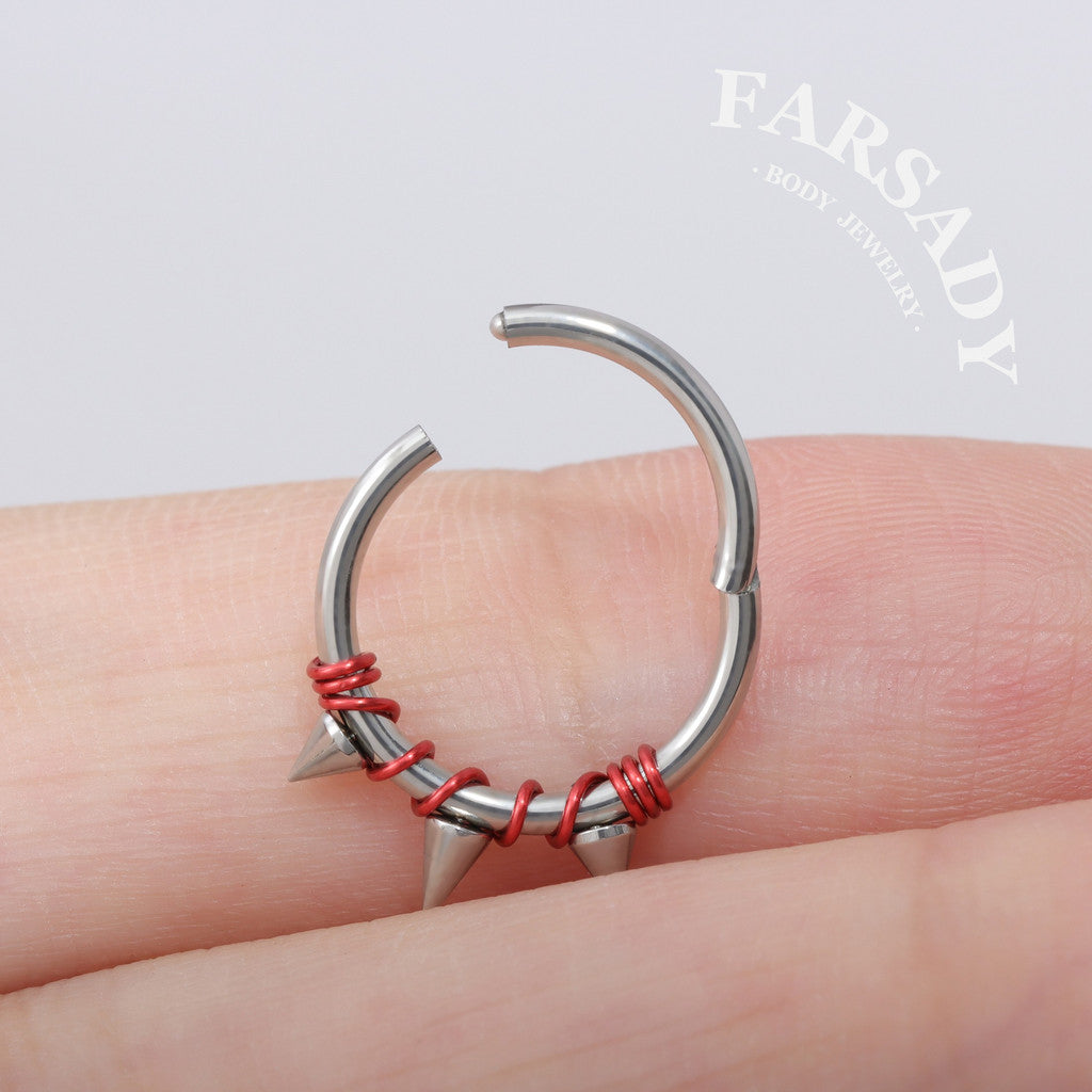 Crimson Bind - Red Wire Spike Hinged Clicker Hoop / Fits 16G Septum Ring Helix Conch Cartilage Earring