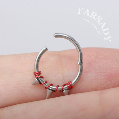 Crimson Bind - Red Wire Spike Hinged Clicker Hoop / Fits 16G Septum Ring Helix Conch Cartilage Earring