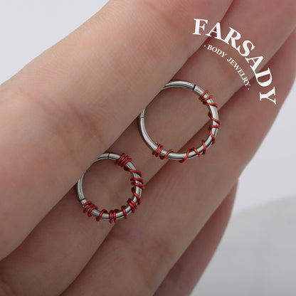 Scarlet Coil - Red Wire Spike Hinged Clicker Hoop / Fits 16G Septum Ring Helix Conch Cartilage Earring