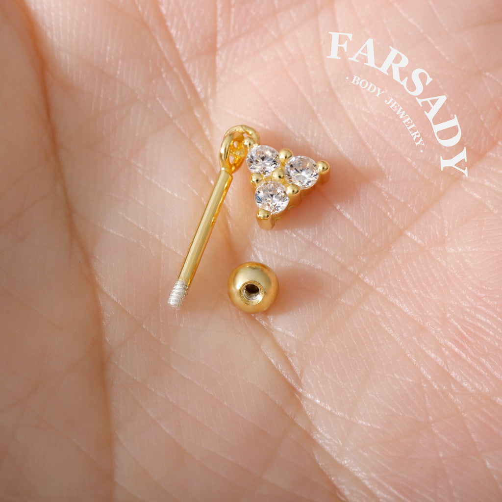 Triple Hover - 925 Silver Round CZ Dangle Stud / Fits Cartilage Helix Tragus Lobe Piercing