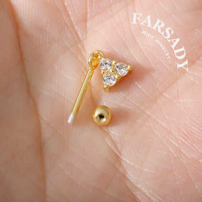 Triple Hover - 925 Silver Round CZ Dangle Stud / Fits Cartilage Helix Tragus Lobe Piercing