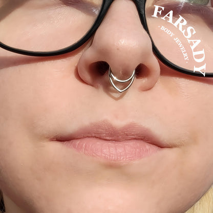 16G Titanium Stacked Septum Ring / Double Septum Clicker / Layered Septum Piercing / Silvery Hinged Septum Hoop / Double Septum Body Jewelry