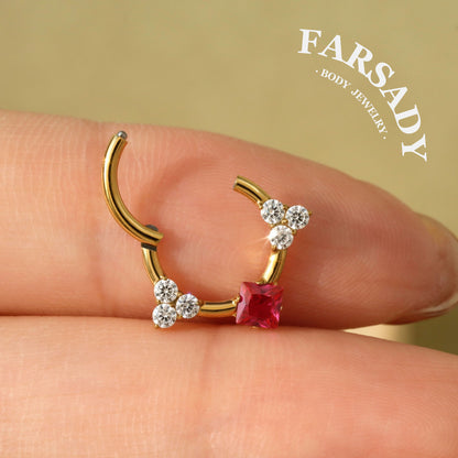 Titanium Septum Ring| 16G Hinged Septum Clicker| Pink Crystal Helix Earring| Silver Daith Piercing Jewelry| Shiny Septum Ring Daily