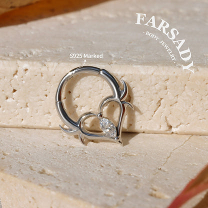 16G Thorn Heart CZ Clicker Daith Earring: Sterling Silver Plated 18K Gold, Alt Fashion Septum Ring, Sharp Spike Helix Tragus Hoop Jewelry