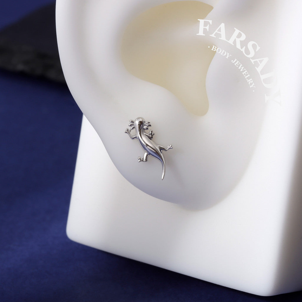 Axolotl Threadless Push In Helix Earring| 18K Gold Plated Sterling Silver Flat Back Labret| Tragus Helix Conch Nose Stud,Bio-inspired design
