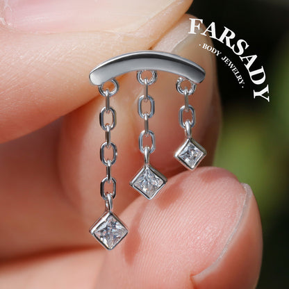 Triple Square CZ Hidden Helix Earring Stud: S925 Silver Floating Helix Piercing Jewelry, Titanium Threadless Post Back, Flat Back Earrings